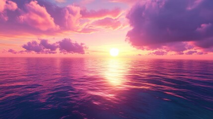 Obraz premium A breathtaking sunset casts vibrant pink and orange hues over a tranquil ocean, with soft clouds gently floating in the sky, creating a serene and picturesque scene.