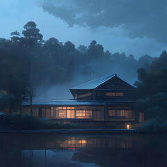 A traditional Japanese house in the countryside, with a soft cloudy sky, diffused light casting a serene glow over the wooden structure, surrounded by lush green field. Created using generative AI.