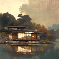 A traditional Japanese house in the countryside, with a soft cloudy sky, diffused light casting a serene glow over the wooden structure, surrounded by lush green field. Created using generative AI.