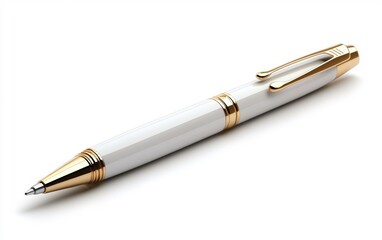 Elegant ballpoint pen with metallic details, isolated on a white background, highly realistic with shadows 