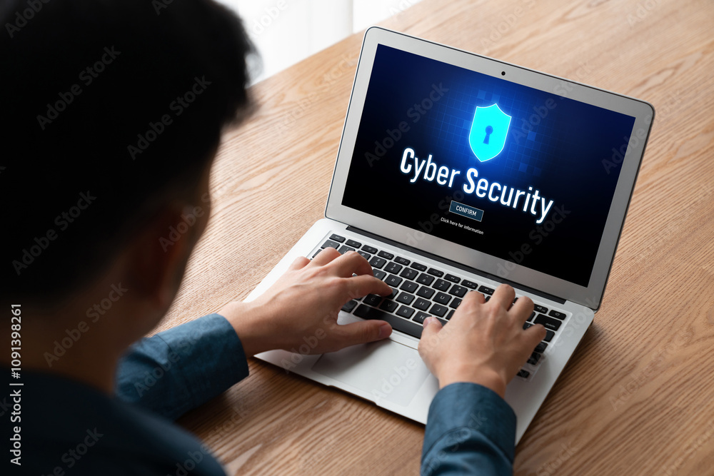 Poster cyber security system on computer screen protect private information snugly from hacker and cyber at