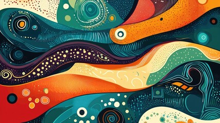 Obraz premium Vibrant abstract background showcasing swirling patterns and shapes with indigenous artistic influences, featuring a rich palette of colors, intricate designs, and fluid movement.