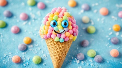Playful Ice Cream Cone Decorated with Colorful Candy Face Surrounded by Vibrant Candy Sprinkles on a Light Blue Background