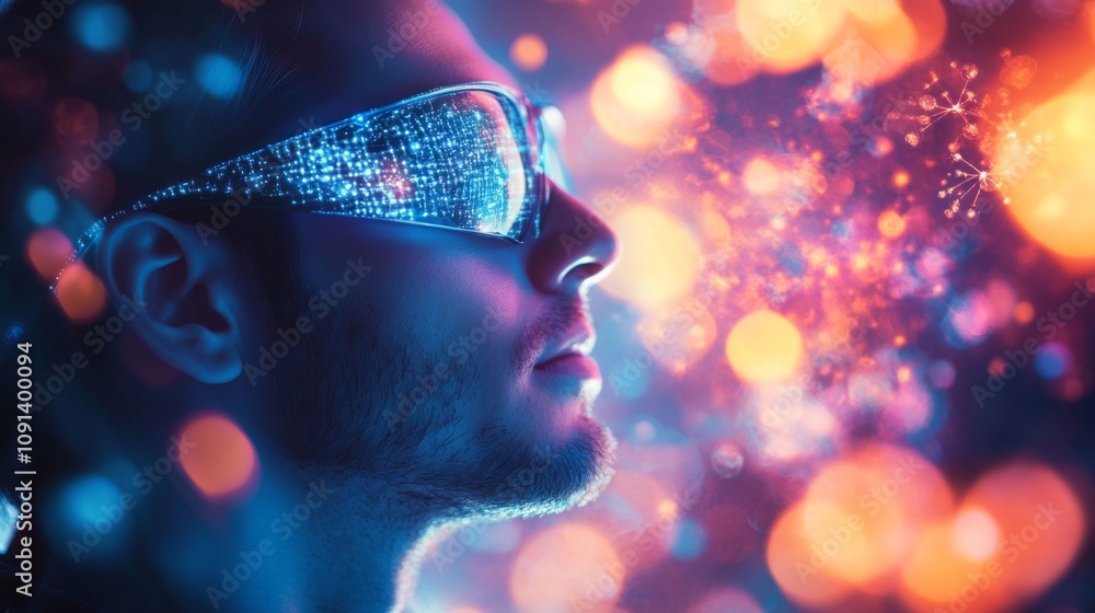 Poster a young man stands in profile, wearing vibrant, reflective glasses that create a dazzling array of c