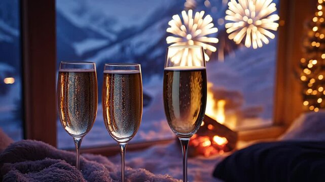 New Year&acirc;&euro;&trade;s Eve celebration in a snowy mountain cabin, with a cozy fire, champagne glasses, and fireworks in the distance. 4K Video