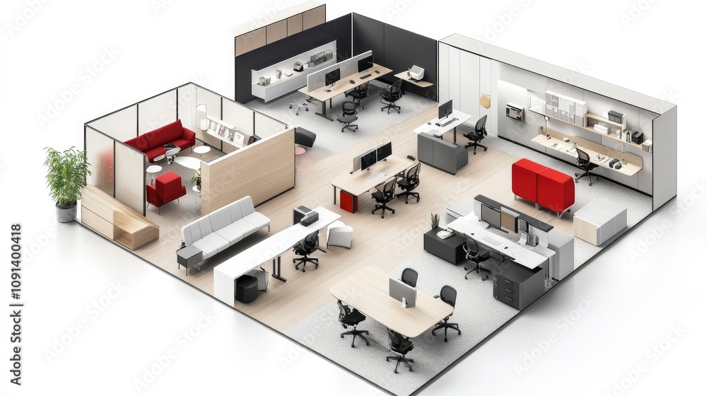 Poster 3d-rendered open office layout featuring a contemporary design with collaborative spaces and bright 