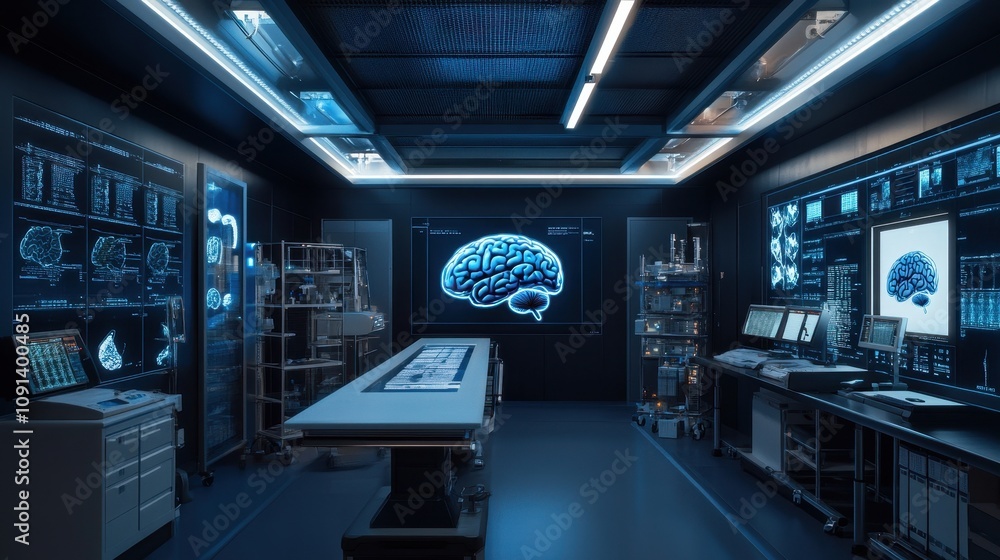 Poster a futuristic lab focused on brain research with advanced technology and data displays.