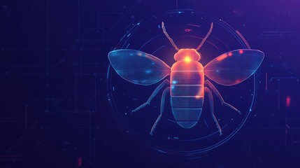 Stylized digital representation of a bee icon glowing with vibrant colors, symbolizing AI-driven malware detection against a dark, futuristic background with subtle circuit patterns.