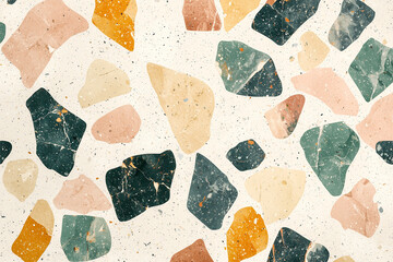 Vintage terrazzo pattern featuring pastel specks on white background, showcasing mix of earthy tones and textures that evoke sense of nostalgia and warmth
