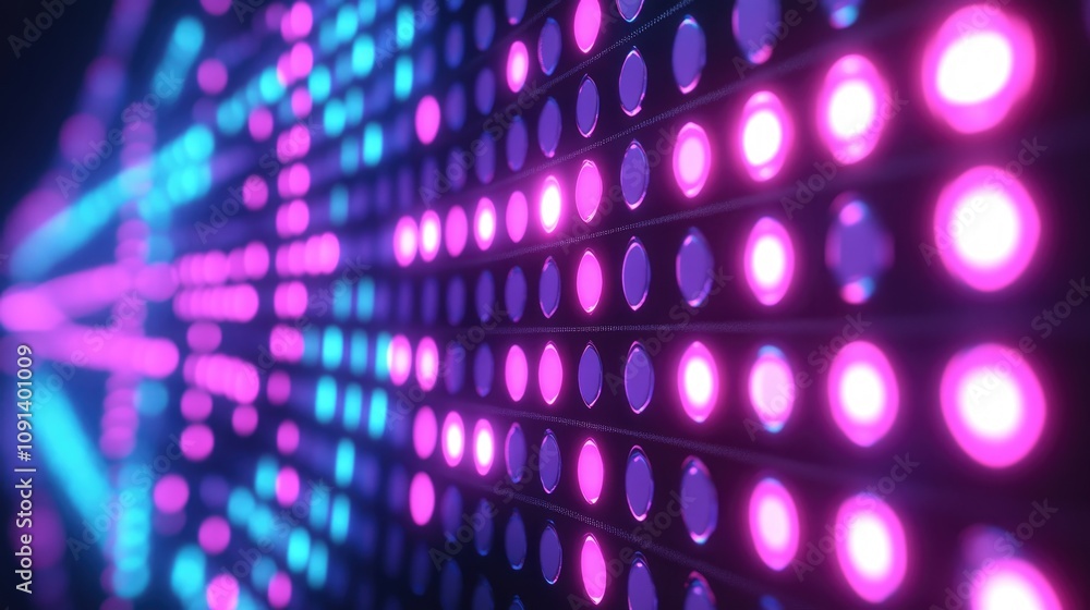 Poster abstract 3d render of glowing pink and blue dots with neon lights simulating virtual reality, featur