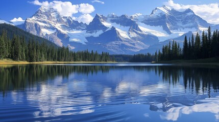 Fototapeta premium Serene Lake Reflecting Majestic Snowy Peaks