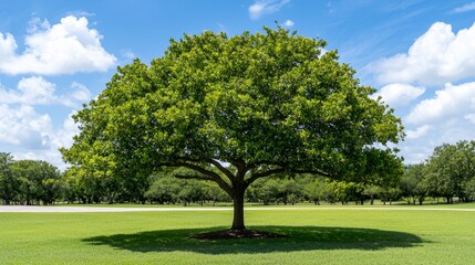 Fototapeta premium Majestic Green Tree Under Bright Blue Sky Surrounded by Lush Grass in Scenic Landscape Capturing Nature's Beauty and Serenity in Daylight