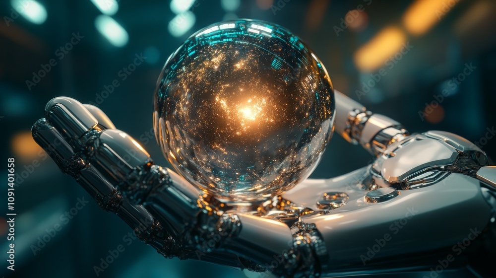 Poster a metallic robotic hand gently cradles a transparent sphere. inside the sphere, a vibrant galaxy glo