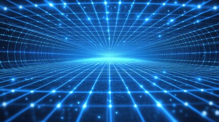 Obraz premium Vibrant abstract blue background featuring a dynamic network connection structure with illuminated grid lines and a glowing central focal point, creating a sense of depth and expansiveness.