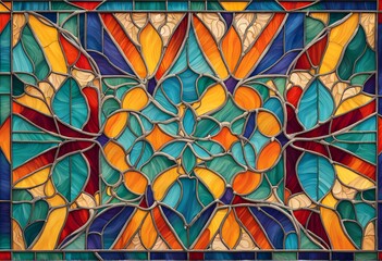 A moroccan tile inspired stained glass design with bold symmetry and bright colors, AI Generated