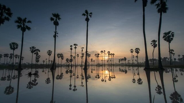 Time lapse of beautiful scenery silhouette sugar palm tree on the paddy field in morning with reflection on the water, Pathum Thani province, Thailand 