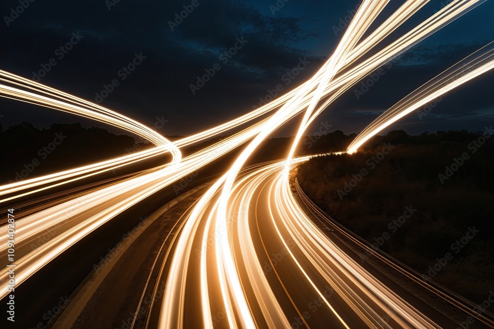 Poster striking light arcs and dynamic motion: fast-paced luminosity on a dark backdrop