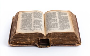 Obraz premium Open hardcover book with visible text and pages, placed neatly on a white background, professional studio lighting 