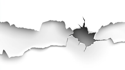 Obraz premium Torn paper texture with jagged edges and a central hole, isolated on a clean white background, creating a contrast between light and shadow.