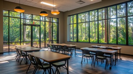 Fototapeta premium Bright classroom with tables, large windows, and views of nature outside.