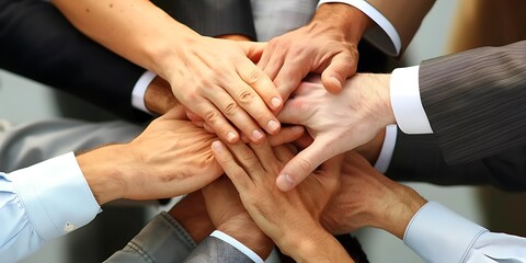 Obraz premium Business Team Putting Their Hands Together: A Symbol of Unity, Collaboration, and Collective Effort in Achieving Shared Goals in a Professional Environment
