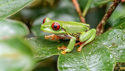 Obraz premium Closeup Of A Red-Eyed Tree Frog On Lush Green Leaves: A Stunning Image Of The Exotic Rainforest Resident, Agalychnis Callidryas.