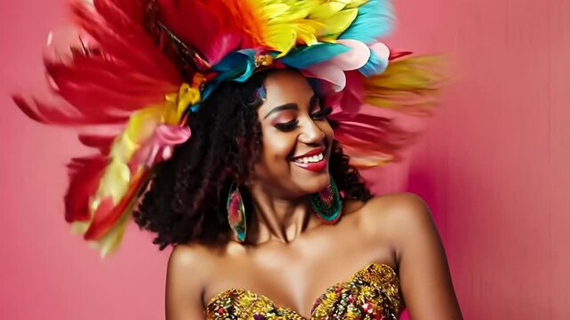 Brazilian wearing Samba Costume. Beautiful Brazilian woman wearing colorful costume and smiling during Carnaval street parade in Brazil.