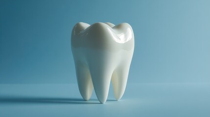Glossy white tooth model on a soft blue background symbolizing dental health and hygiene concepts, emphasizing its smooth surface and realistic features.