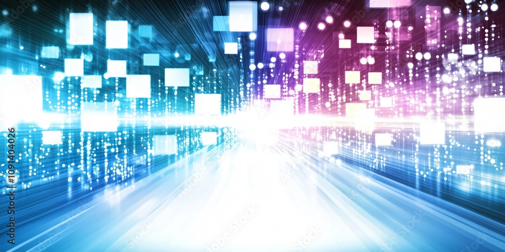 Poster digital data streams transforming into cityscape, symbolizing fast network connectivity and data tra