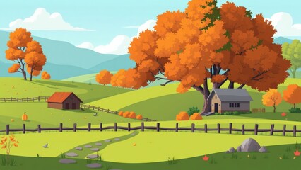 Vibrant Autumn Landscape with Farmhouse and Fence, Perfect for Home Decor or Greeting Cards