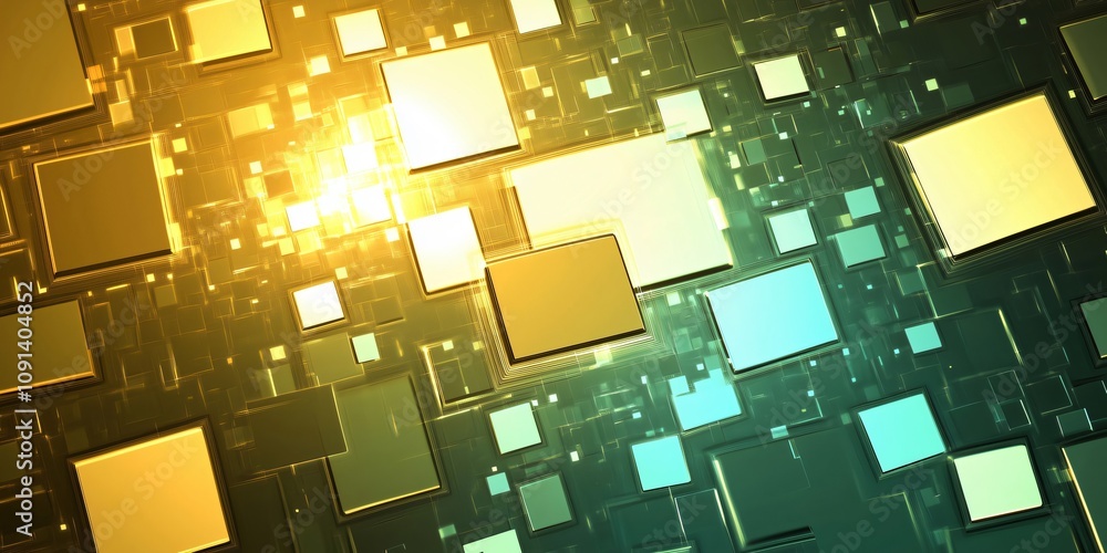 Poster abstract representation of a microchip surface with glowing squares, symbolizing data processing and