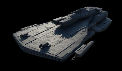 Space Ship with Multiple Gun Turrets on a Black Background, Diagonal Front View, 3d digitally rendered science fiction illustration