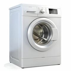 A modern washing machine isolated on a white background, showcasing its sleek design and features.