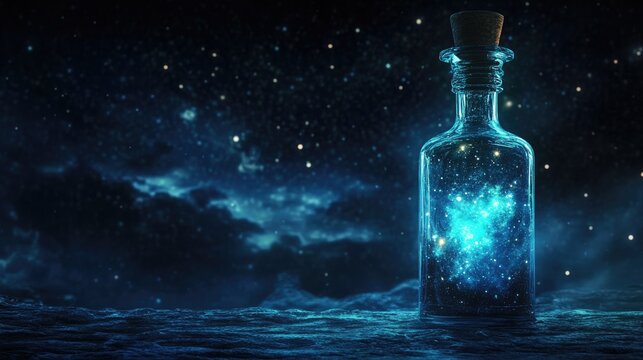 Glowing glass vial of enchanted potion radiating cosmic light against a dark starry sky, featuring a mystical galaxy elixir illuminated inside.