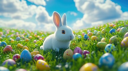 Charming white rabbit nestled among colorful Easter eggs in a vibrant green meadow, basking under a bright blue sky dotted with fluffy clouds.
