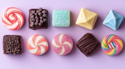 Obraz premium Colorful Assortment of Decorative Sweet Treats on a Soft Purple Background Ideal for Use in Food and Dessert-Themed Designs or Marketing Materials