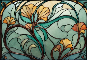 An art nouveau inspired stained glass background with flowing organic lines, AI Generated