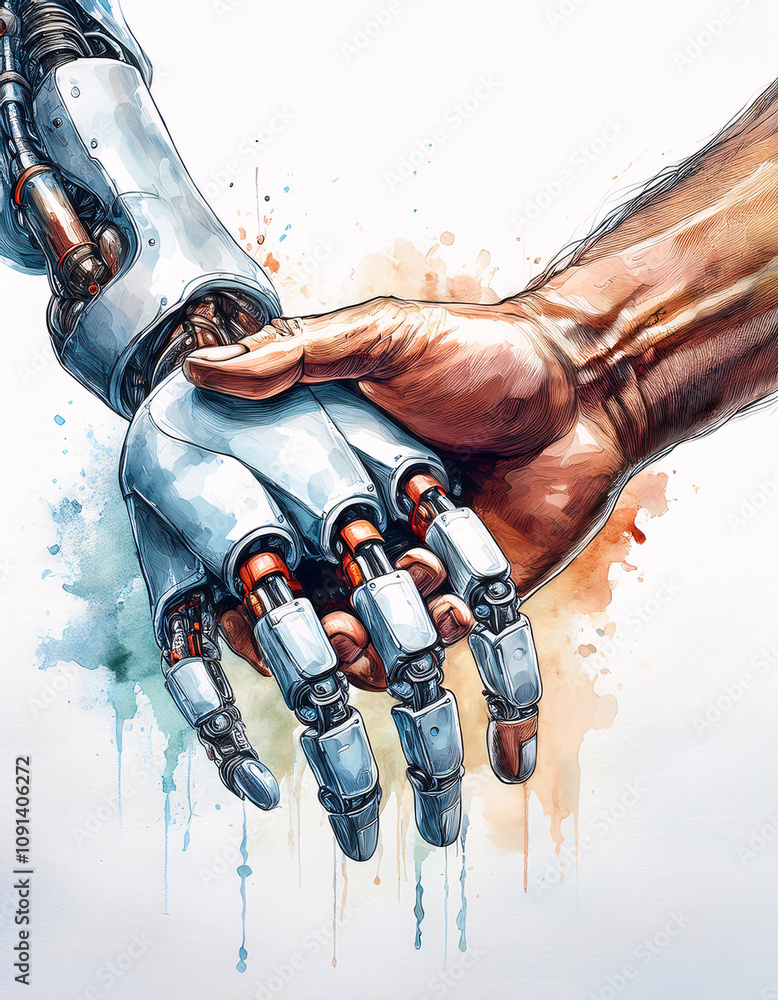 Poster a human hand reaches out to grasp a robotic hand, creating a poignant image of human-ai interaction