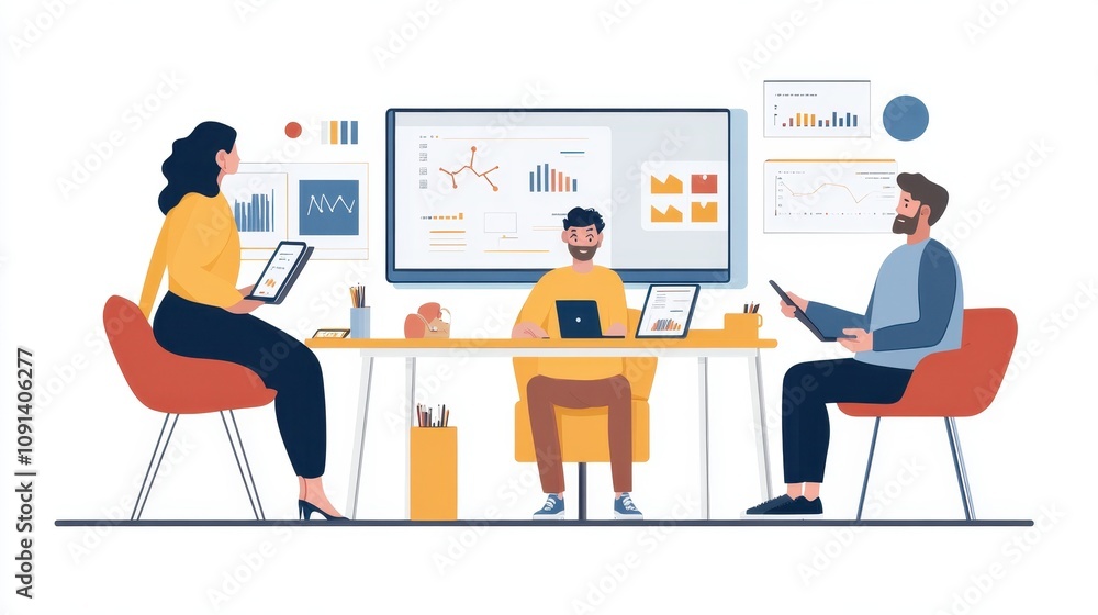 Aufkleber three people are sitting at a table with a large monitor in front of them