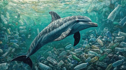 Fototapeta premium Dolphin swimming gracefully amidst a sea of plastic bottles, showcasing the urgent issue of plastic pollution and its detrimental effects on marine ecosystems.