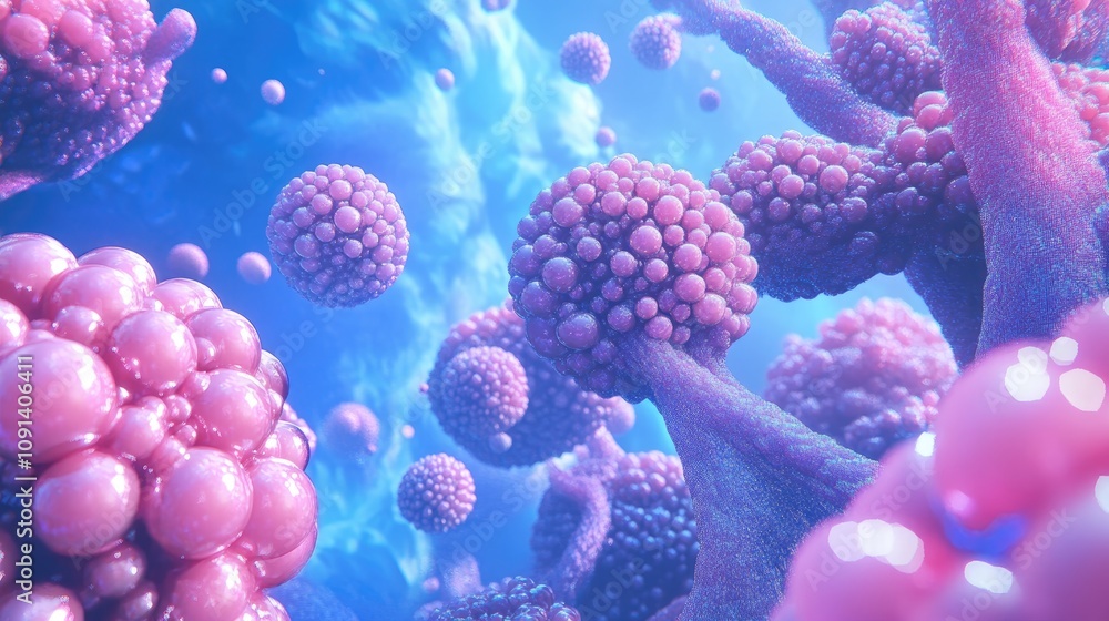 Poster 3d rendered animation of vibrant pink and purple abstract metaballs transforming fluidly against a c