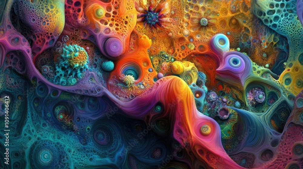 Poster a dynamic and colorful 3d abstract composition featuring intricate patterns, swirling shapes, and vi