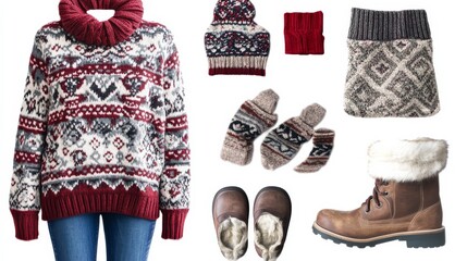 Cozy Cabin Outfit Top: Fair Isle knit sweater or fleece pullover. Bottom: Flannel-lined jeans or thick leggings. Outerwear: Shearling coat or quilted jacket. Accessories: Pom-pom beanie, fingerless