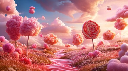 Enchanting dessert fantasy background with colorful lollipop meadows and candy floss clouds