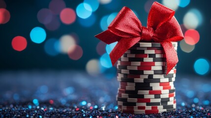 Stack of Poker Chips with Red Bow - Festive poker chips, gift, luck, gambling, win.  A stack of casino chips tied with a red ribbon, symbolizes fortune, celebration, and success.