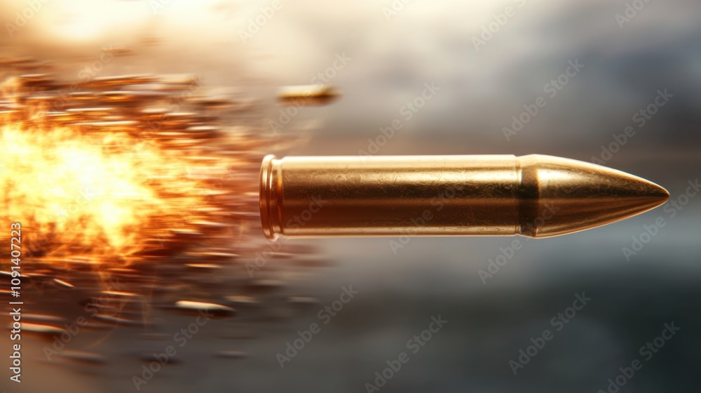 Poster dynamic close-up of a bullet in motion with explosive effects, capturing the intensity and power of 