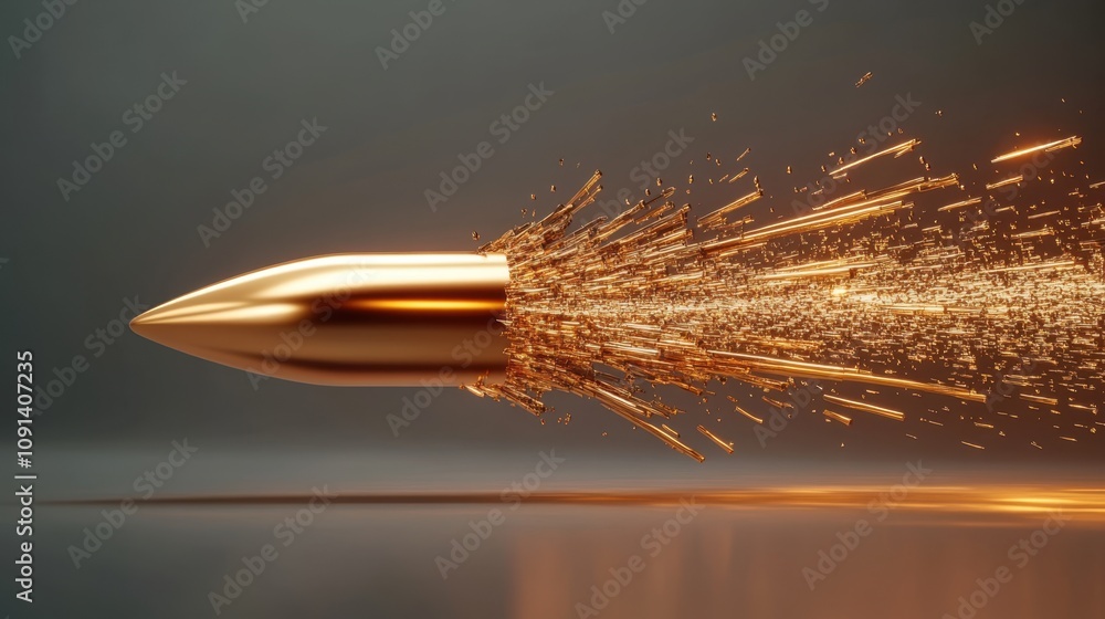 Poster dynamic golden bullet in motion with explosive sparkles and glimmering detail, capturing the essence