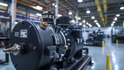 Fototapeta premium Close-Up of a Large Industrial Air Compressor System in a Modern Manufacturing Facility – Power and Precision Machinery