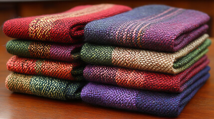 Colorful woven fabric stacks showcasing intricate patterns and textures
