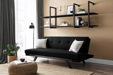 Chic Black Futon and Shelving Unit for Contemporary Urban Interiors